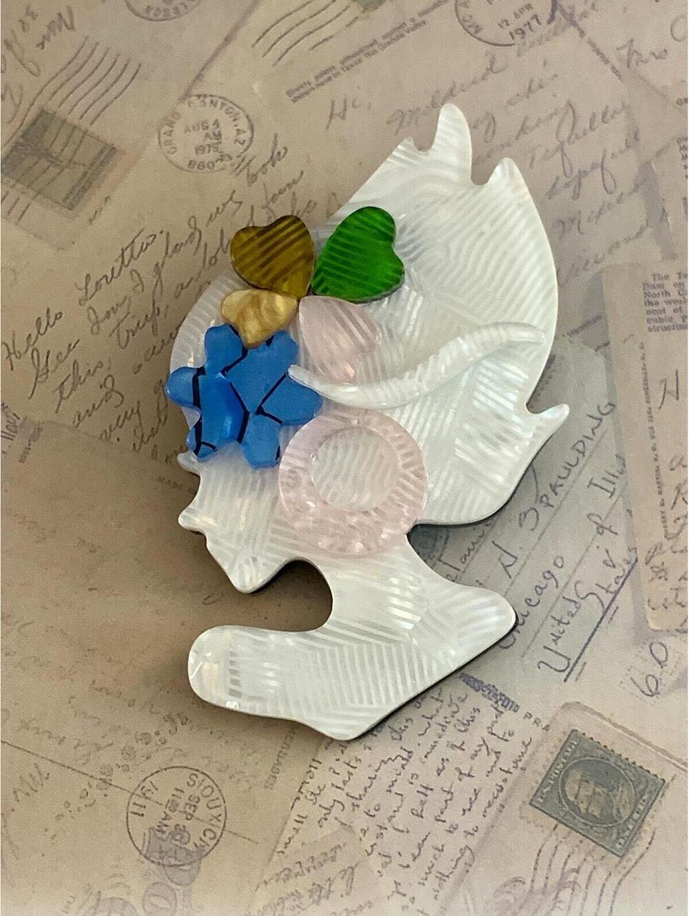 Retro Lady Silhouette Acrylic Brooch Mod Shimmer Portrait Colorful Hair Pin